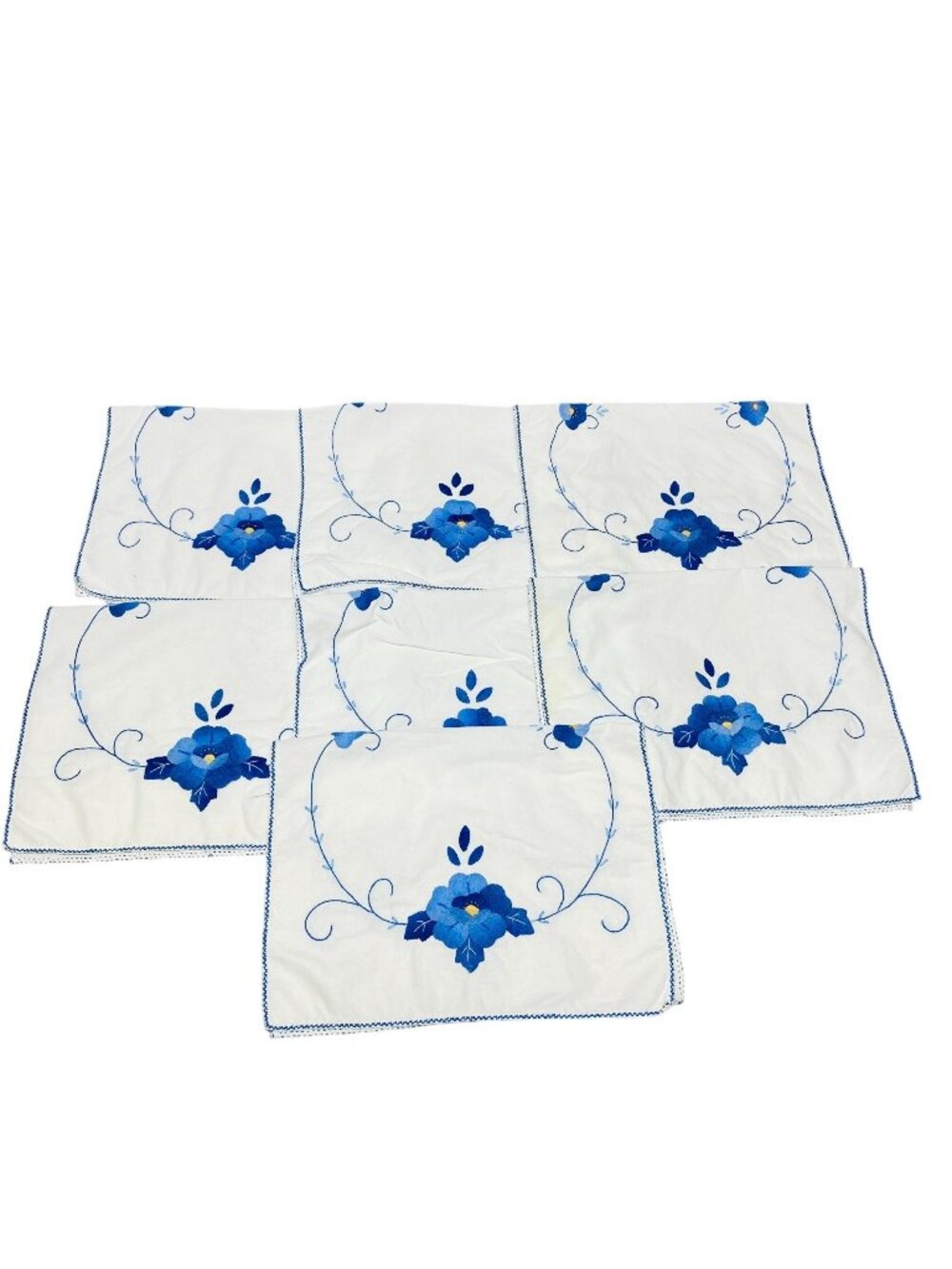 7 White & Blue Floral Embroidered Placemats Rectangular Cotton Table Linens